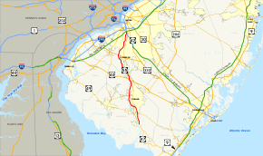 A map of southern New Jersey showing major roads and places. Route 55 connects Route 47 in the south, heading up through Vineland and Glassboro to Route 42 south of Camden