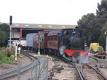 One of the museum's steam engines hauling a special train on the museum site - 3&nbsp;ft&nbsp;6&nbsp;in gauge on right, 18&nbsp;in gauge on left.