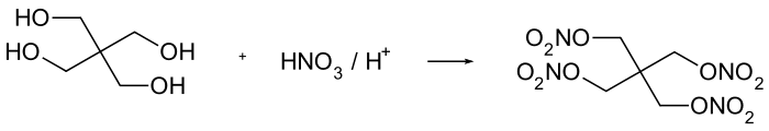 graphic representation of the formula C(CH2OH)4 + 4 HNO3 → C(CH2ONO2)4 + 4 H2O