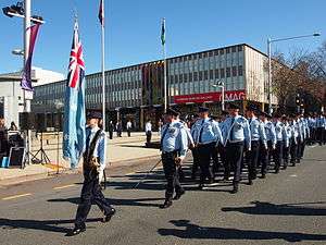 Marching air force personnel in blue uniforms and caps, led by flag bearer