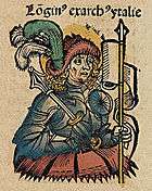 a manuscript miniature with the bust of an armoured man holding a standard in one hand and a sceptre in the other