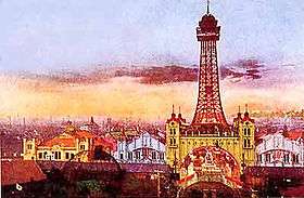 Shinsekai Luna Park, ca. 1912. An aerial tramway connected the amusement park with the original Tsutenaku Tower. The park closed in 1923; the tower was dismantled in 1943.