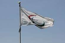 A flag with three red, gree, and blue swooshes on a white background. It is attached to a flag pole and is framed by a blue sky