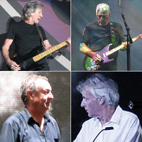 A colour collage of Waters (playing bass), Gilmour (playing guitar), Wright (playing a keyboard) and Mason, who is standing on a stage. Waters and Gilmour are wearing black T-shirts, Wright is wearing a white shirt and Mason a blue one. All four men are in their mid 60s.