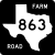 Image of FM 863 highway shield. The square shield has a white symbol in the shape of Texas as the state appears on maps on a black background. Inside this symbol is the number 863. The black background contains the word FARM in the upper right corner and the word ROAD in the lower left corner.