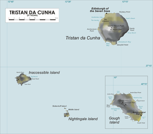 The island of Tristan de Cunha is indicated in the top right section of the map. The smaller Inaccessible Island is shown centre left, and the tiny Nightingale Island is at the bottom centre. An inset in the lower right quarter shows Gough Island.