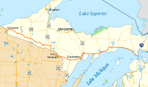 US&nbsp;2 runs through the southern part of Michigan's Upper Peninsula parallel to the Wisconsin state line and the Lake Michigan shoreline