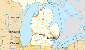 US 31 runs north–south through the Lower Peninsula of Michigan, crossing into the state from Indiana near Niles and then running along the Lake Michigan shoreline from the Benton Harbor–St. Joseph area to Mackinaw City