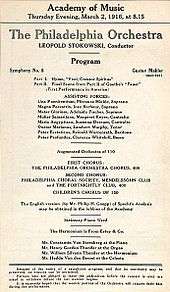 A notice headed "Academy of Music, Thursday Evening, March 1916 at 8.15." It gives details of the programme for the first American performance of Mahler's Eighth Symphony, by the Philadelphia Orchestra under Leopold Stokowski, and lists the solo performers and choirs.