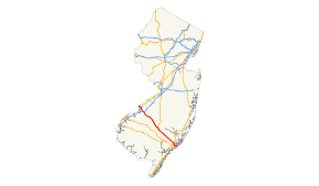 A map of New Jersey showing major roads. US&nbsp;30 runs northwest to southeast across the southern part of the state.