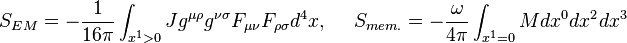 S_{EM}=-\frac{1}{16\pi}\int_{x^1>0} J g^{\mu\rho}g^{\nu\sigma}F_{\mu\nu}F_{\rho\sigma}d^4x, \ \ \ \ S_{mem.}= - \frac{\omega}{4\pi}\int_{x^1=0} M dx^0dx^2dx^3