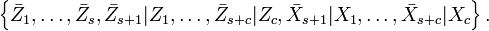 \left\{
\bar{Z}_{1},\ldots,\bar{Z}_{s},
\bar{Z}_{s+1}|Z_{1},\ldots,\bar{Z}_{s+c}|Z_{c},
\bar{X}_{s+1}|X_{1},\ldots,\bar{X}_{s+c}|X_{c}
\right\} .