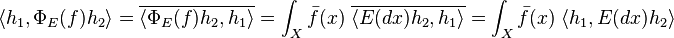 \langle h_1, \Phi_E (f) h_2 \rangle = \overline{\langle \Phi_E(f) h_2, h_1 \rangle} = \int _X {\bar f}(x) \; \overline{\langle E(dx) h_2, h_1 \rangle} = \int _X {\bar f}(x) \; \langle h_1, E(dx) h_2 \rangle