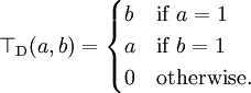 \top_{\mathrm{D}}(a, b) = \begin{cases}
b & \mbox{if }a=1 \\
a & \mbox{if }b=1 \\
0 & \mbox{otherwise.}
\end{cases}