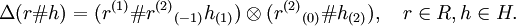 \Delta (r\#h)=(r^{(1)}\#r^{(2)}{}_{(-1)}h_{(1)})\otimes (r^{(2)}{}_{(0)}\#h_{(2)}), \quad r\in R,h\in H.