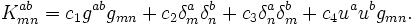 K^{ab}_{mn}=c_1g^{ab}g_{mn}+
c_2\delta^a_m\delta^b_n
+c_3\delta^a_n\delta^b_m+c_4u^au^bg_{mn}.